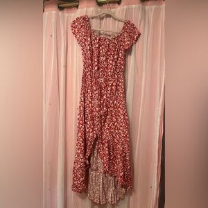 Red Floral High-Low Midi Dress